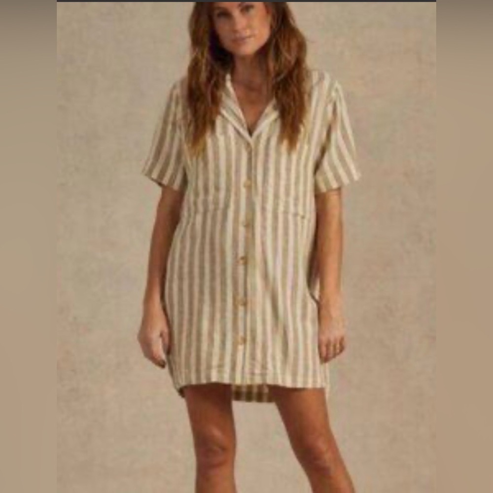 Rylee + Cru Beige and White Striped Button-Front Dress